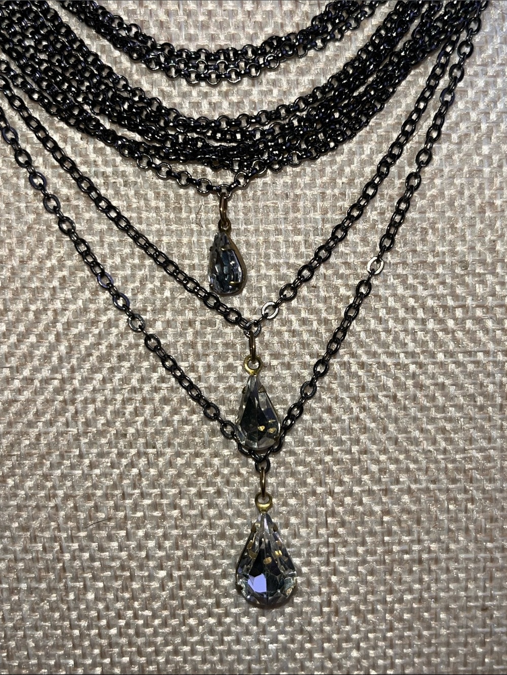 Multi-Strand Gunmetal and Gold Necklace with Crystal Teardrops 14" - Picture 4 of 8